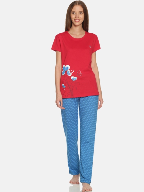 

TWIN BIRDS Women Red & Blue Graphic Printed Night Suit