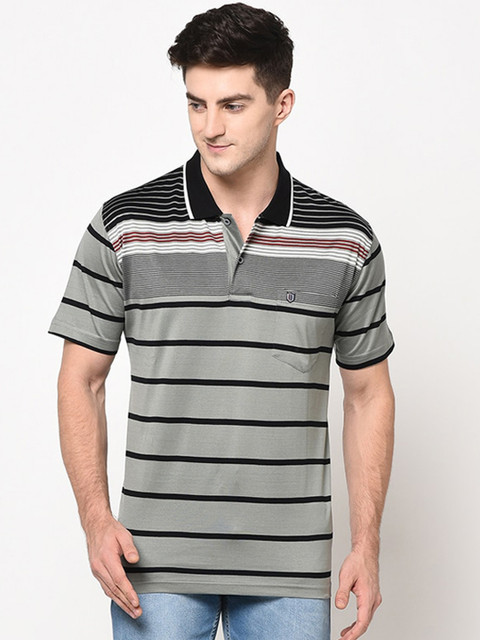 

Duke Men Grey Striped Polo Collar T-shirt