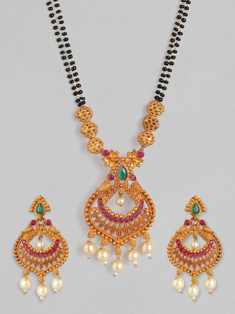 

Rubans 24K Gold-Plated Black Ruby Studded Handcrafted Mangalsutra With Earrings