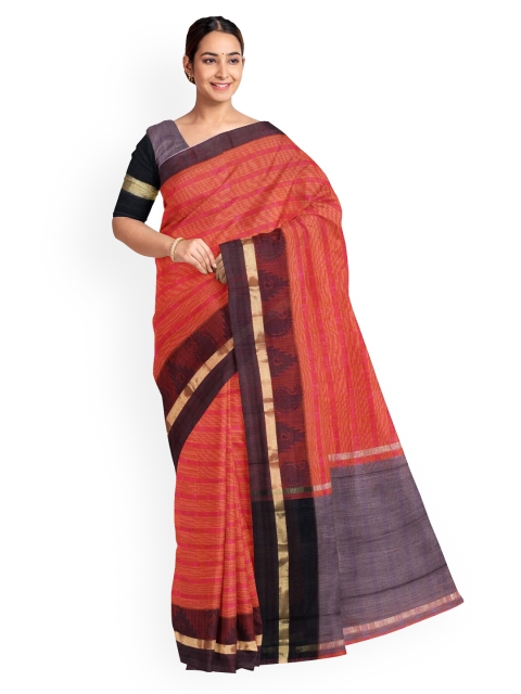 

KLM Fashion Mall Orange & Brown Linen Blend Striped Saree
