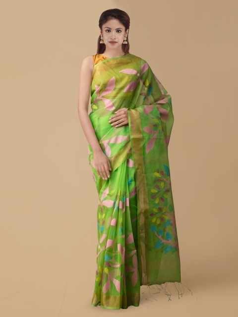 

Unnati Silks Green Silk Cotton Woven Design Handloom Maheshwari Saree