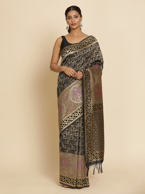 

Koskii Black & Gold-Toned Art Silk Woven Design Saree