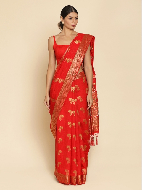 

Koskii Red & Gold-Coloured Art Silk Woven Design Saree