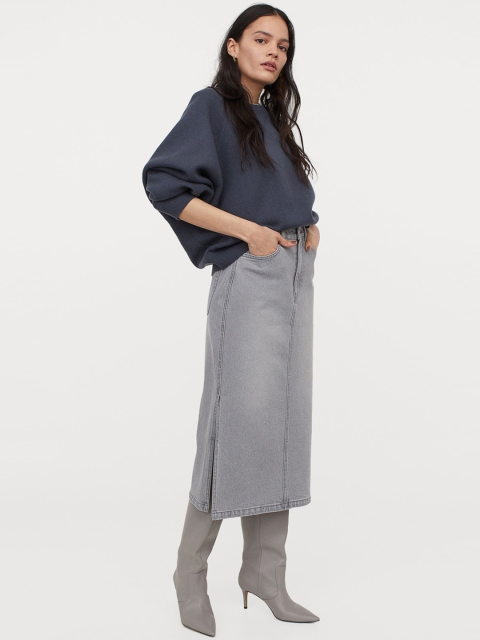 

H&M Women Grey Solid Knee-Length Denim Skirt