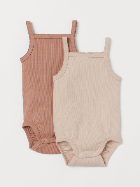 H&M Kids 2-Pack Ribbed Cotton Bodysuits, Beige