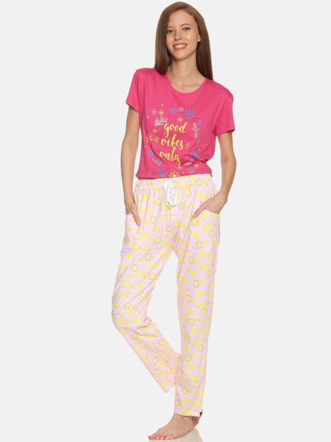 

TWIN BIRDS Women Magenta Pink & Yellow Printed Night Suit