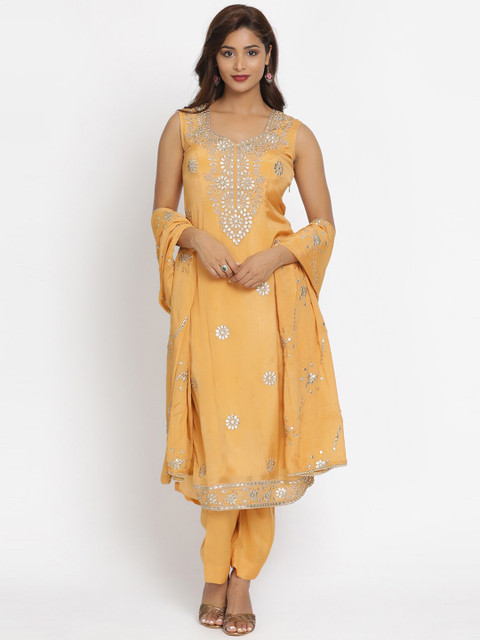 

Koskii Women Orange & Silver-Coloured Embroidered Unstitched Dress Material With Dupatta
