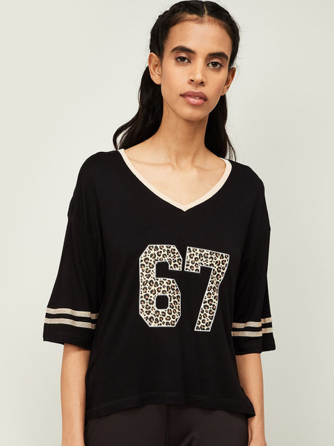 

Kappa Women Black Printed V-Neck T-shirt