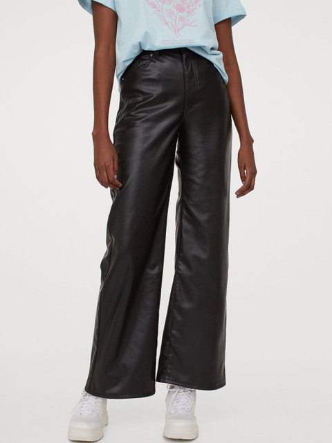 

H&M Women Black Solid Wide Faux Leather Trousers