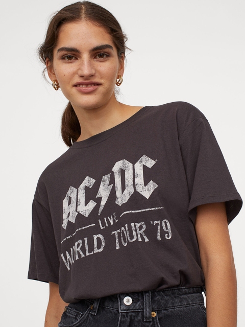 

HM Women Grey Printed Pure Cotton T-shirt
