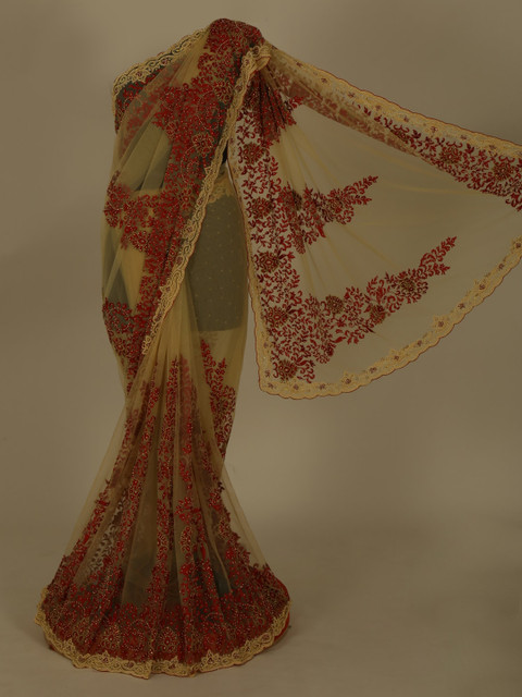 

Pothys Yellow & Maroon Jute Silk Embroidered Saree