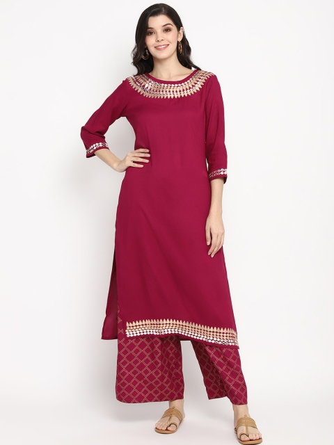 

Prakhya Women Magenta Yoke Design Kurta with Trousers