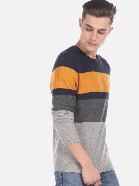 

U.S. Polo Assn. Men Grey & Yellow Striped Pullover Sweater