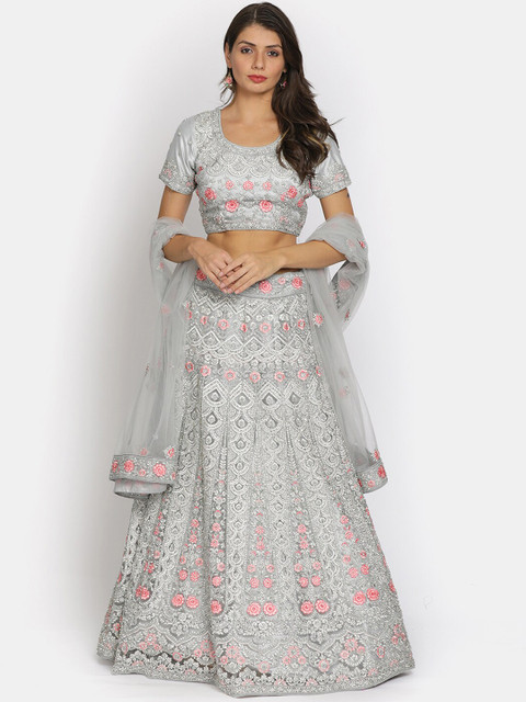 

Koskii Women Grey & Pink Embellished Velvet Semi-Stitched Lehenga & Unstitched Blouse with Dupatta