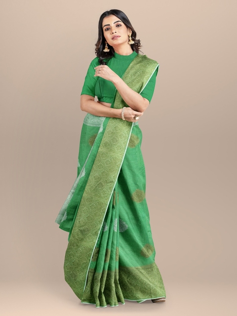 

BharatSthali Green & Gold-Coloured Silk Cotton Woven Design Banarasi Saree