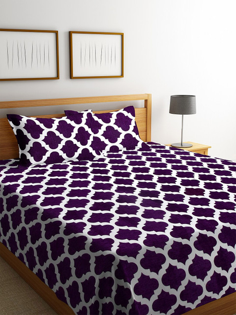 

KLOTTHE Purple & White Woven Design 250 TC Cotton Double Bed Cover With 2 Pillow Covers