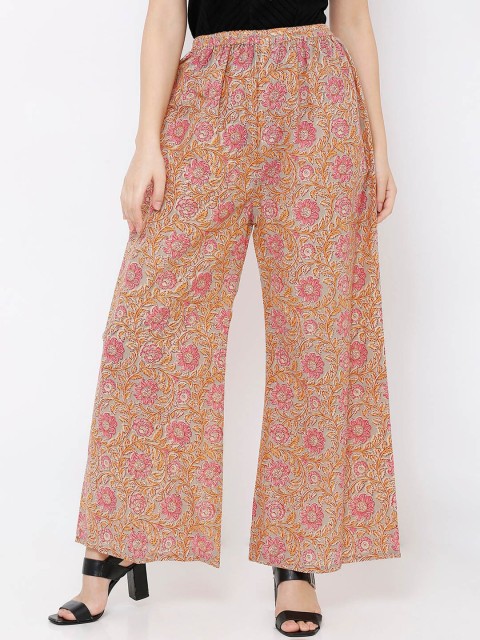 

SALWAR STUDIO Women Beige & Pink Floral Printed Straight Fit Palazzos