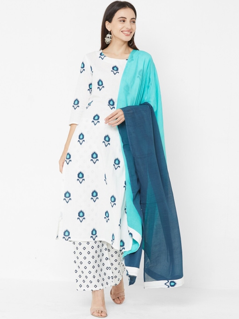 

FASHOR Women White & Blue Printed Kurta with Palazzos & Dupatta