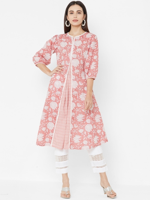 

FASHOR Women Pink & White Printed Layered Cotton A-Line Kurta