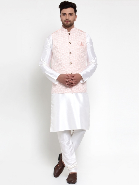 

Jompers Men Pink & Off-White Self Design Kurta with Churidar
