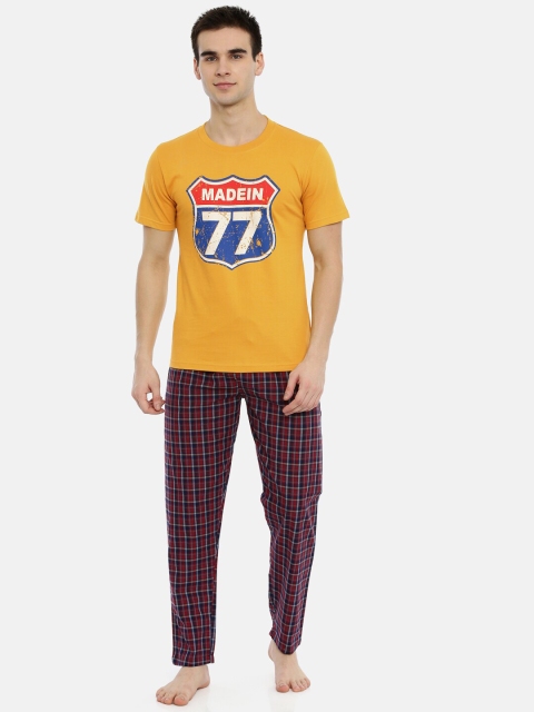 

Joven Men Mustard Yellow & Maroon Bio Washed Cotton Night Suit