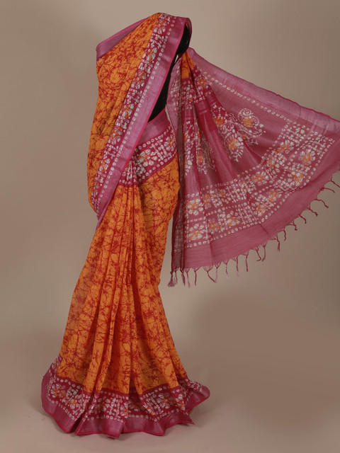 

Pothys Yellow Printed Linen Blend Saree