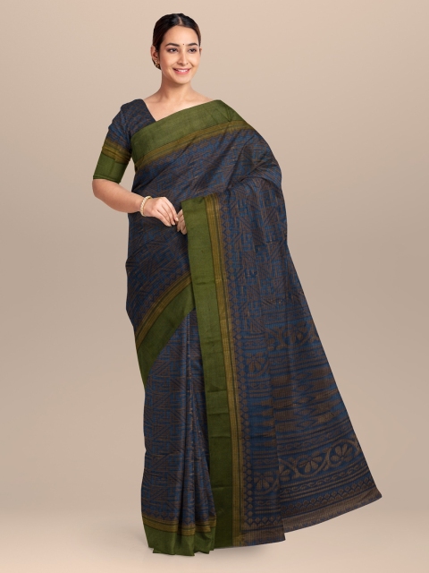 

KLM Fashion Mall Navy Blue & Green Geomtric Print Saree