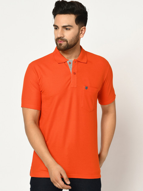 

Duke Men Orange Solid Polo Collar T-shirt