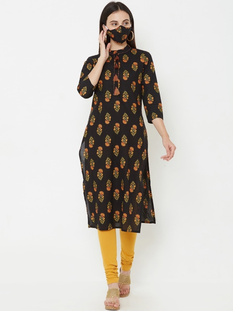 FASHOR Women Black & Yellow Printed Straight Kurta & Mask