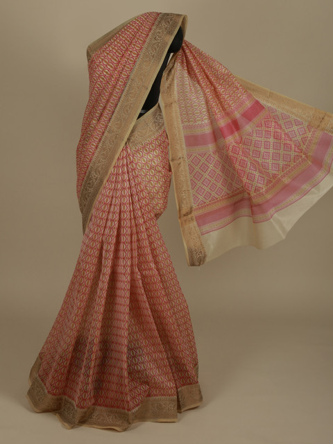 

Pothys Pink & Rose Gold Supernet Printed Saree