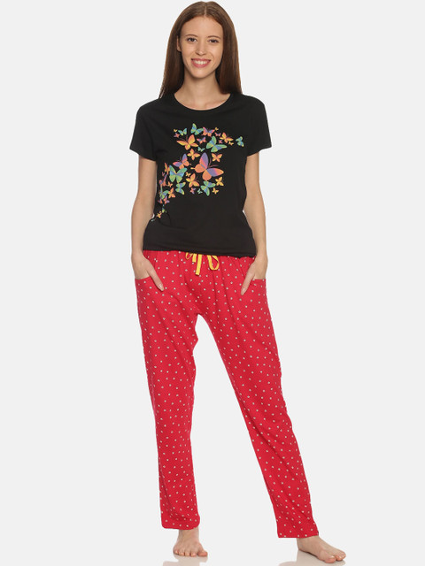 

TWIN BIRDS Women Navy Blue & Red Printed Night Suit