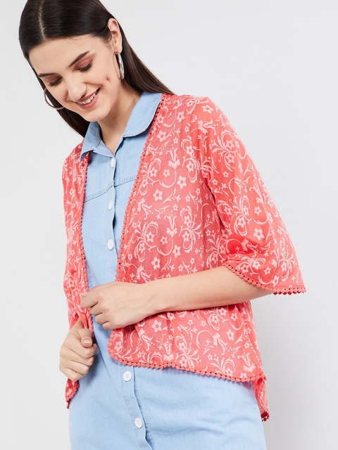 

max Women Peach-Coloured & White Printed Open Front Regular Shrug