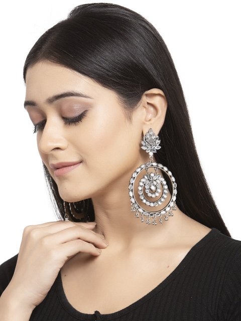 

PANASH Silver-Toned Oxidised Mirrored Contemporary Drop Earrings