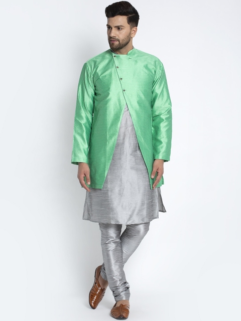 

Benstoke Men Grey & Green Solid Dupion Silk Kurta Set