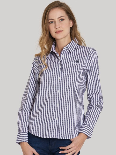 

Beverly Hills Polo Club Women Navy Blue Regular Fit Striped Casual Shirt