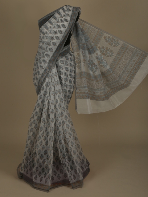 

Pothys White & Grey Supernet Printed Saree