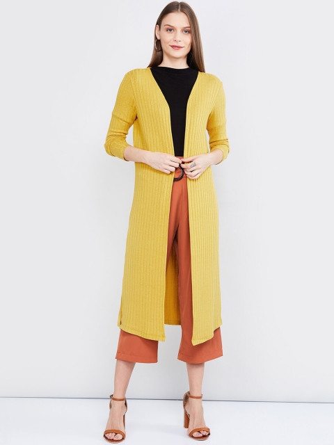 

max Women Yellow Self-Striped Open Front Longline Shrug