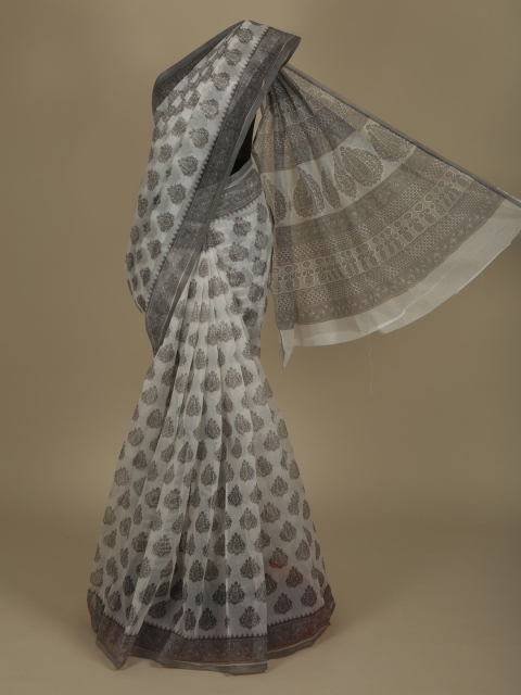 

Pothys White & Grey Supernet Checked Saree