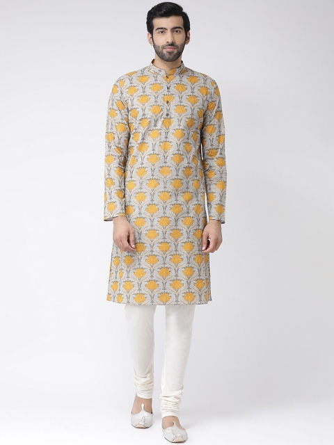 

Vartah Men Grey & Yellow Self Design Kurta with Churidar & Nehru Jacket
