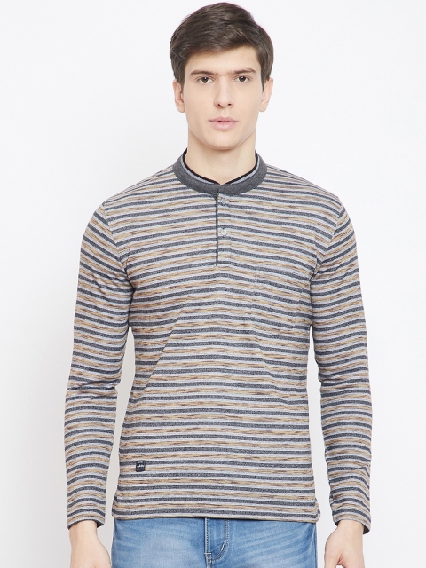 

Adobe Men Grey & Beige Striped Mandarin Collar T-shirt