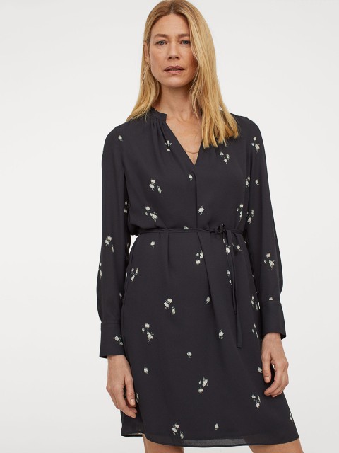 

H&M Women Black & White Floral Print Tie-Detail Dress