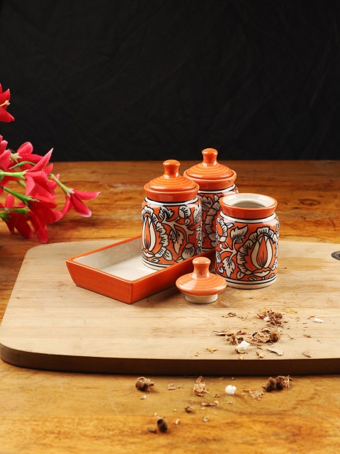 

CDI Orange Set of 4 Mughal Art Printed Pickle Set with 3 Bowls & Lid & Tray