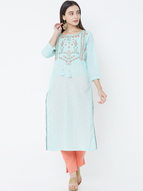 

FASHOR Women Sea Green Embroidered Straight Kurta