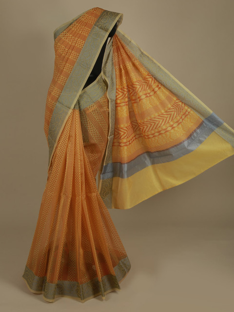 

Pothys Yellow & Orange Supernet Printed Saree