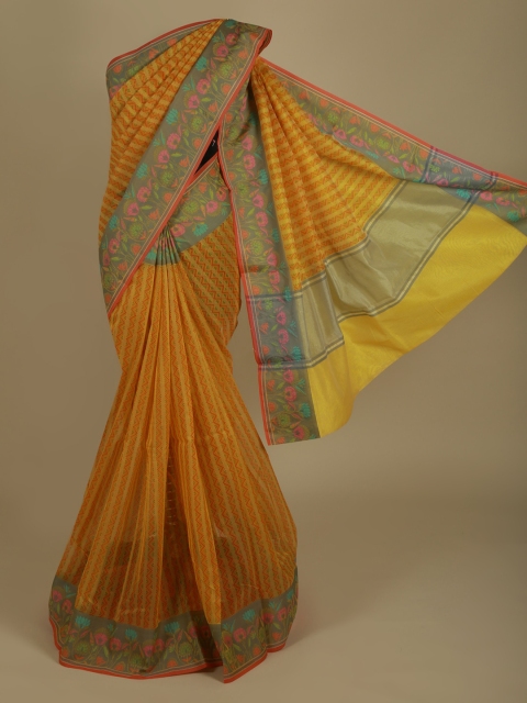 

Pothys Mustard Yellow & Grey Supernet Printed Saree
