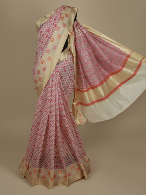 

Pothys Off-White & Pink Supernet Printed Saree