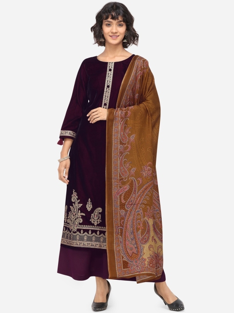 Stylee LIFESTYLE Purple & Rust-Brown Printed Velvet Unstitched Dress Material
