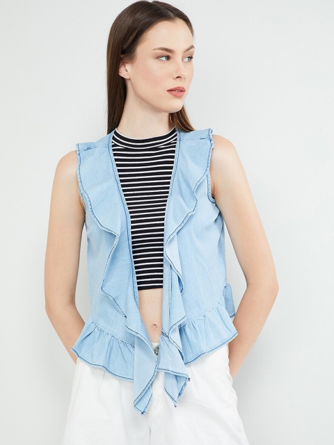 

max Women Blue Solid Chambray Ruffled Open Front Shrug