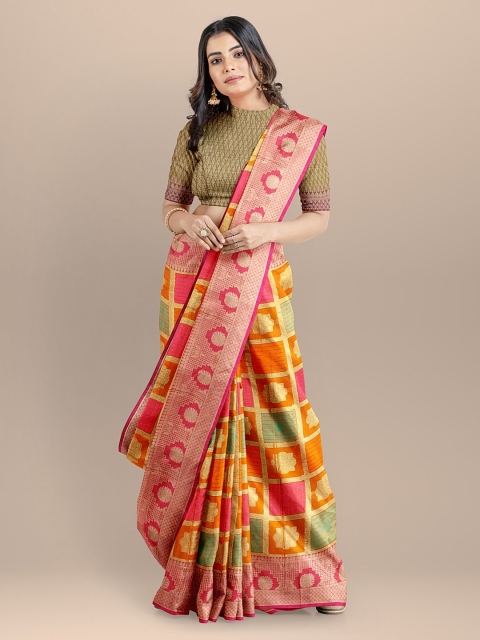

BharatSthali Orange Woven Design Silk Cotton Banarasi Sustainable Saree
