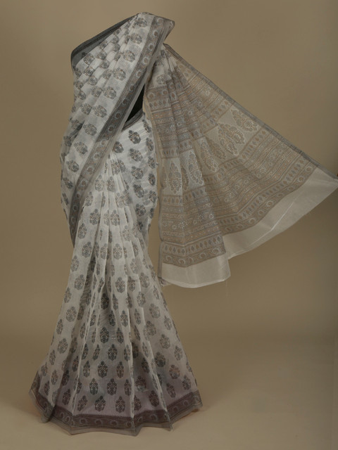 

Pothys White & Grey Supernet Printed Saree
